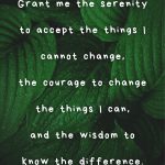 A poster with a dark green leaf background and the serenity prayer in white font.